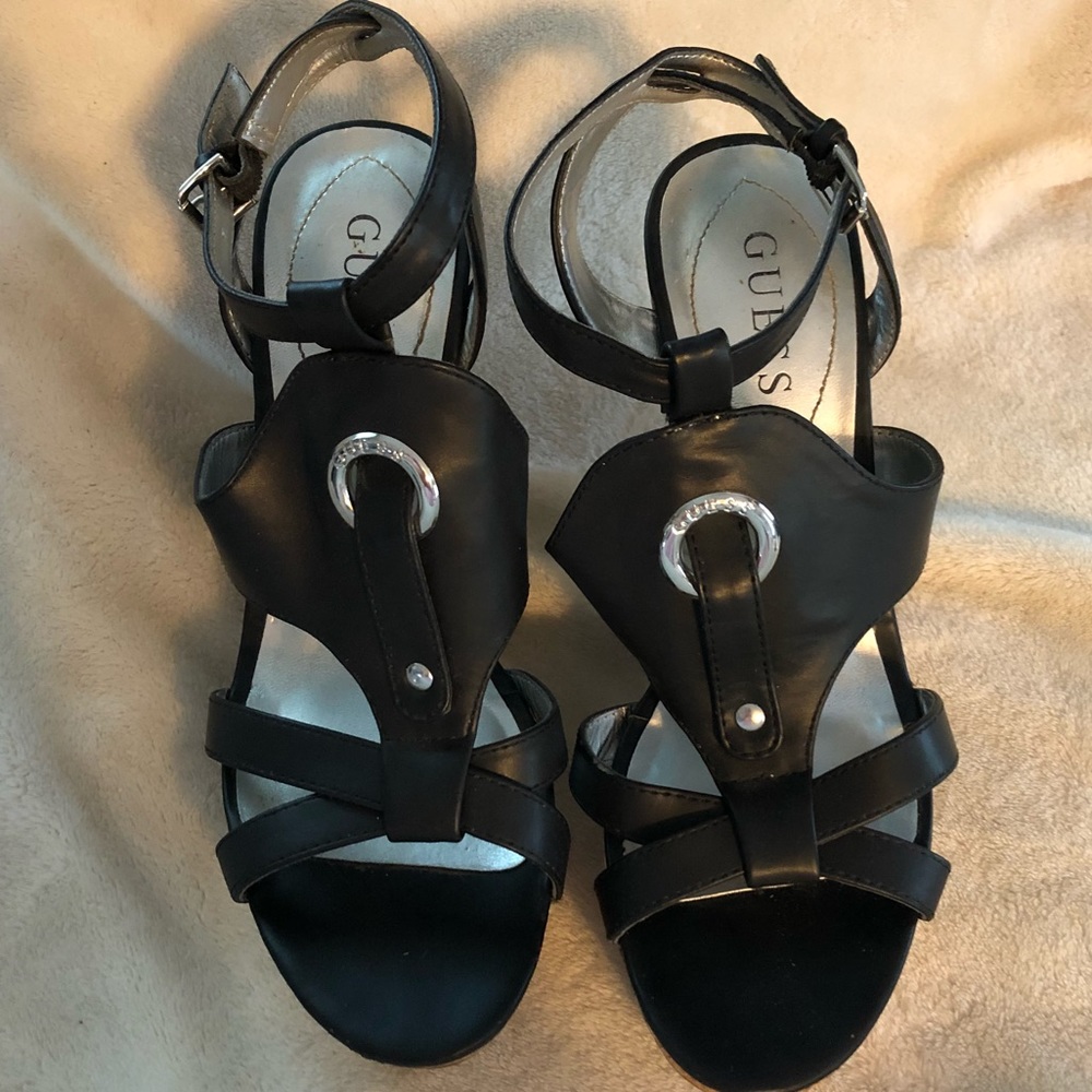 Guess Black Leather Strappy Sandals with Silver Accents